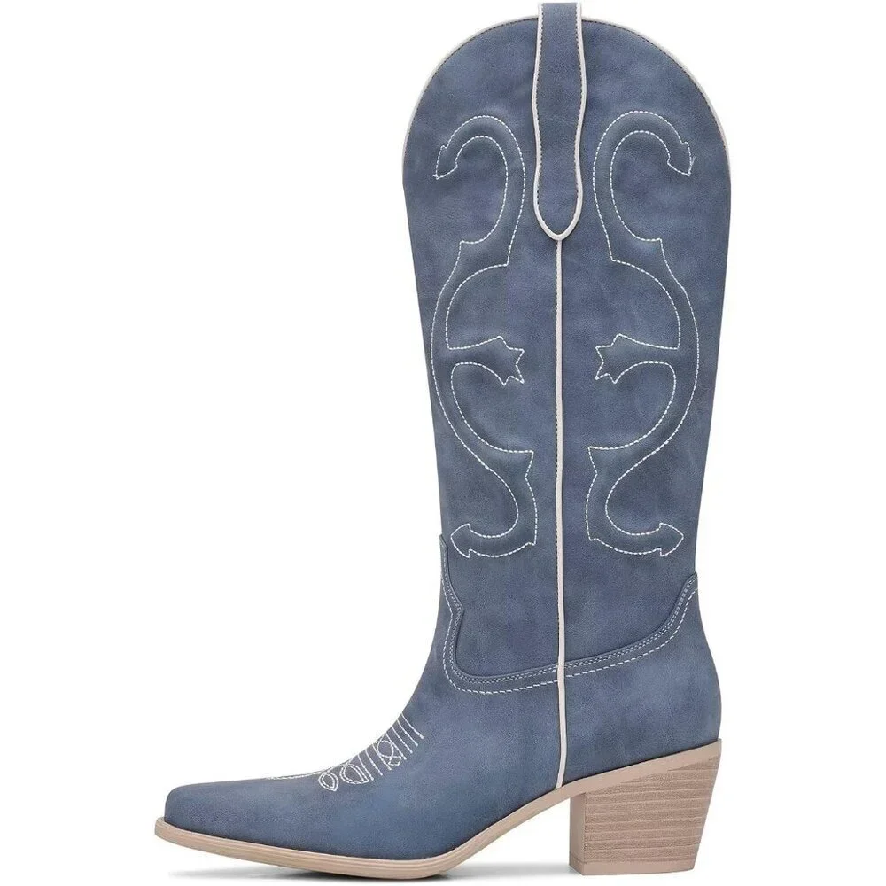 Women's Blue Mid Calf Cowgirl Pointed Toe Chunky Heel Fashion Cowboy Boots